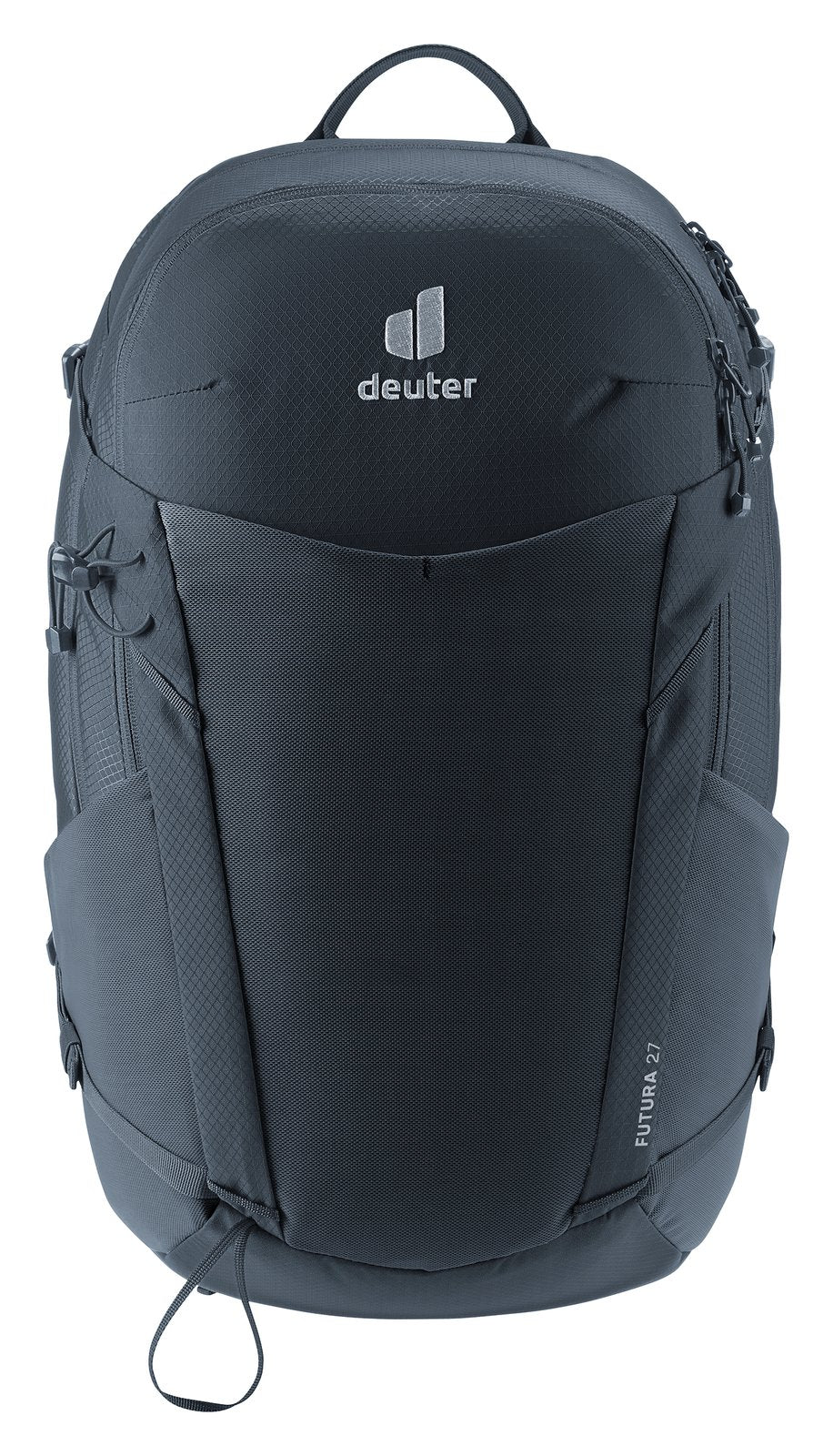 Deuter Futura 27 in Black, straight-on front view of the mesh front pocket