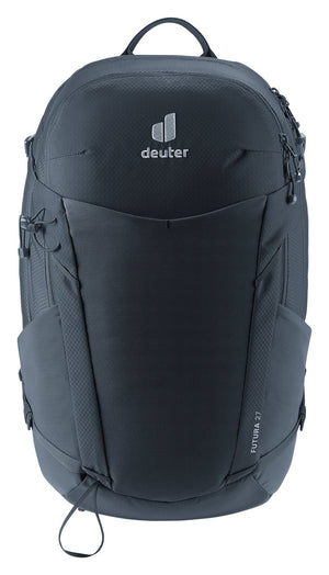 Deuter Futura 27 in Black, straight-on front view of the mesh front pocket