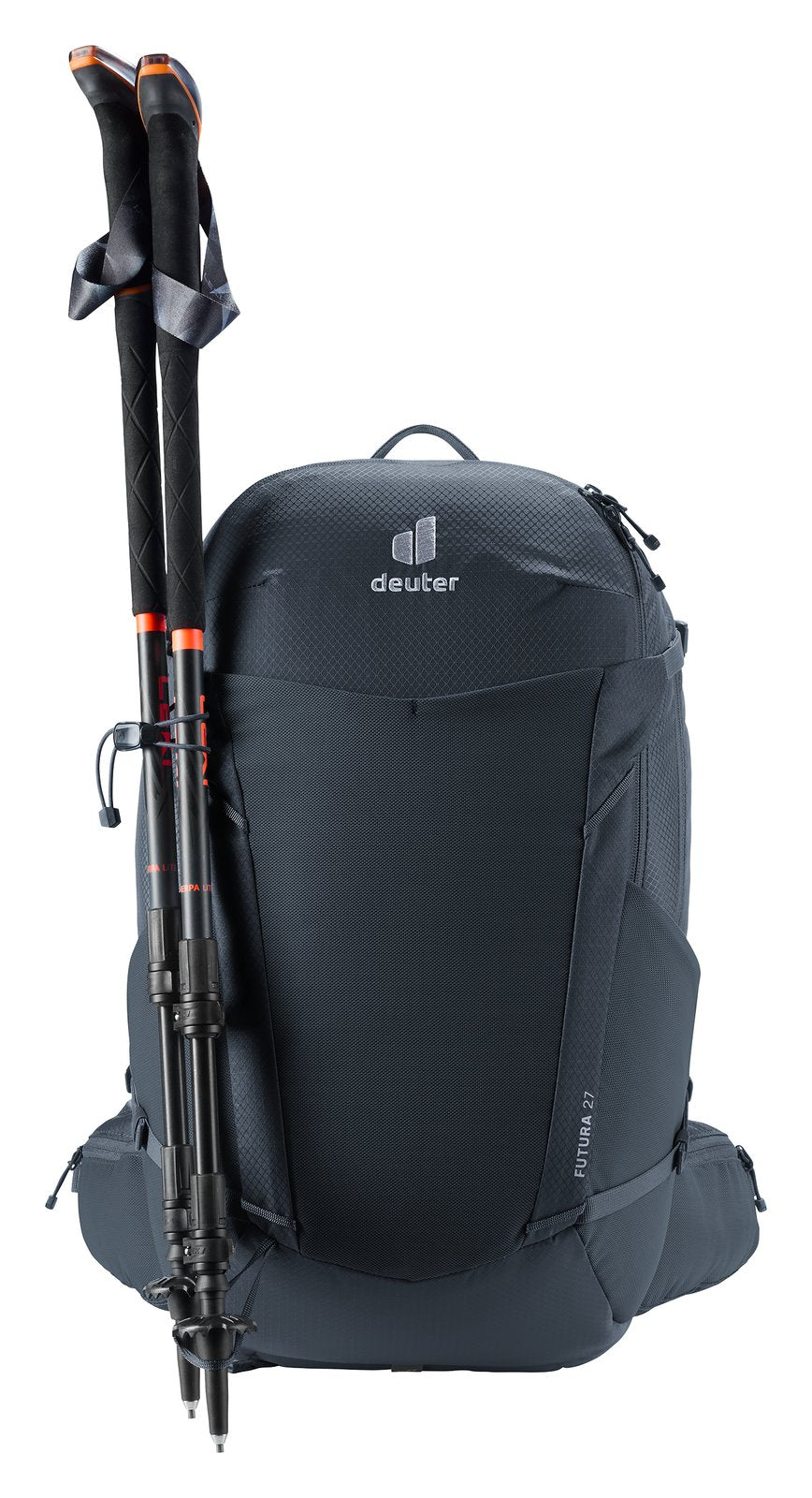 Deuter Futura 27 with folded trekking poles stowed on the side pole attachment