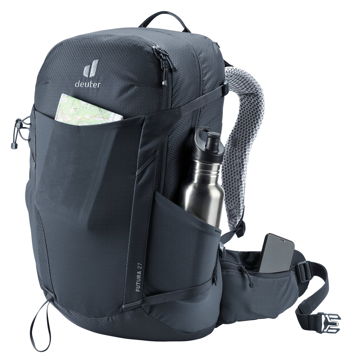 Deuter Futura 27 with a map in the front pocket, bottle in the side pocket and phone in the hip fin pocket