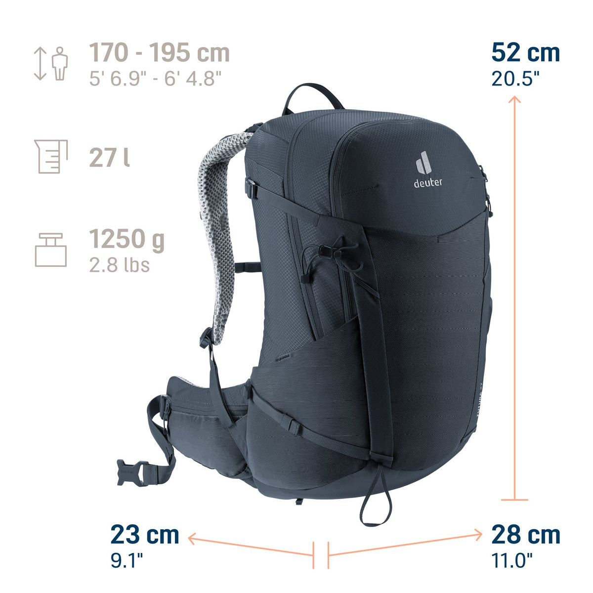 Deuter Futura 27 size guide: 52 x 28 x 23 cm, 27 litres, 1250 g, for body heights 170-195 cm