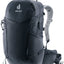 Deuter Futura 27 hiking backpack in Black, front three-quarter view with mesh back and hip fins