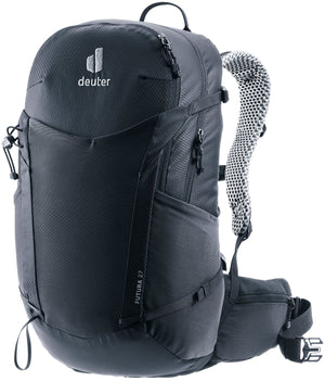 Deuter Futura 27 hiking backpack in Black, front three-quarter view with mesh back and hip fins
