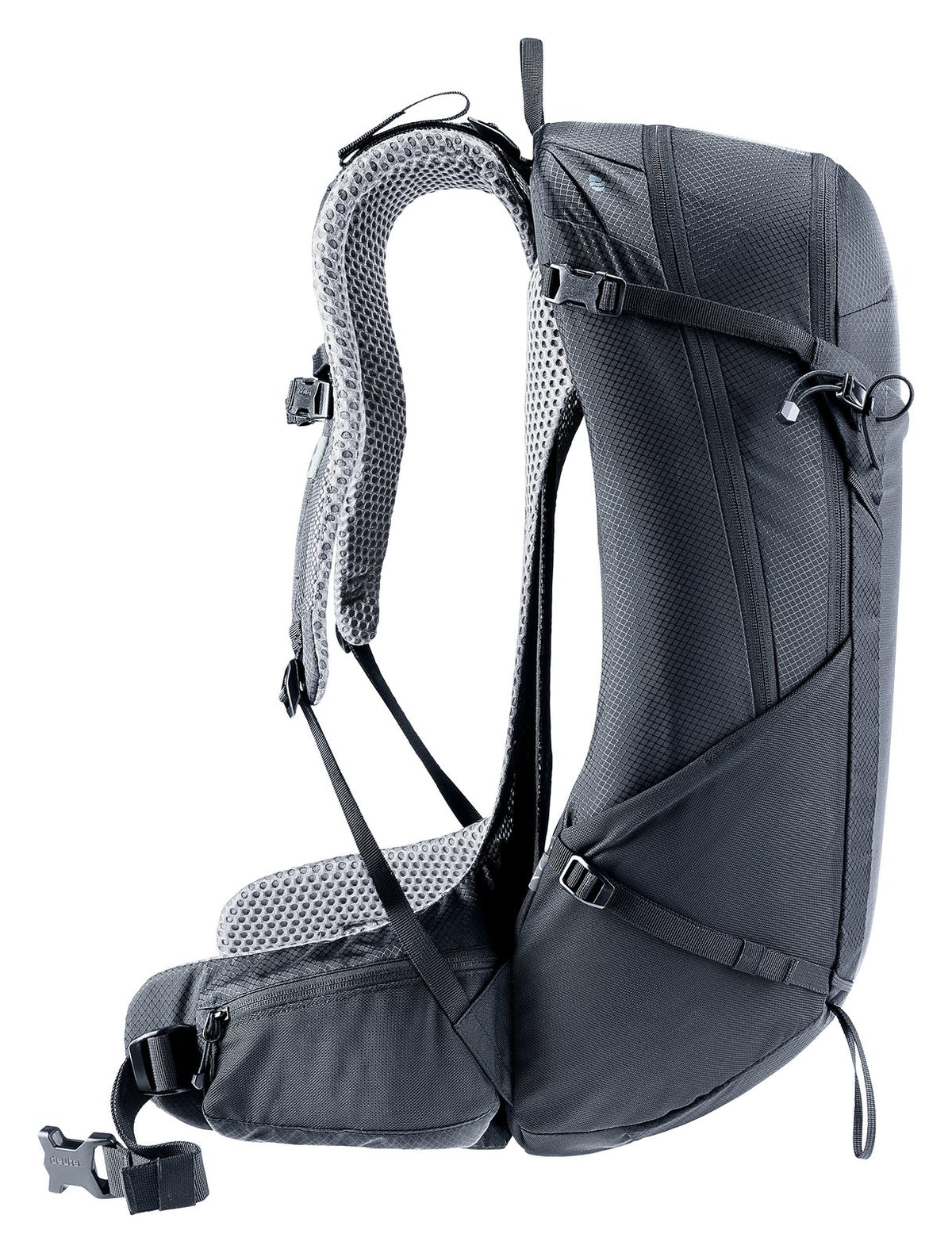 Side profile of the Deuter Futura 29 EL showing the arched frame and gap behind the mesh back