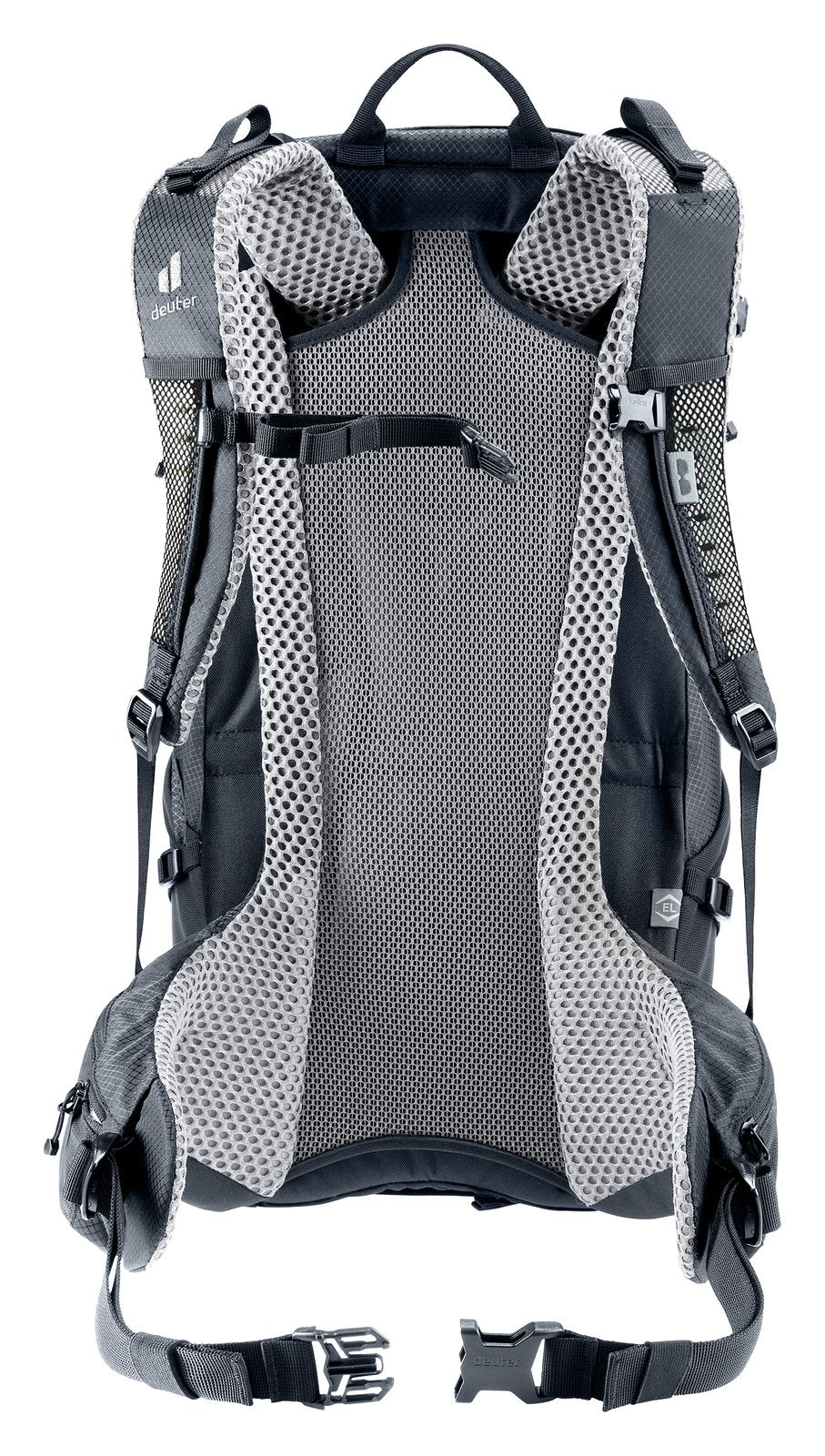 Back of the Deuter Futura 29 EL showing the Aircomfort mesh panel and padded hip fins