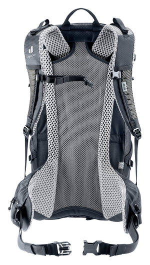 Back of the Deuter Futura 29 EL showing the Aircomfort mesh panel and padded hip fins