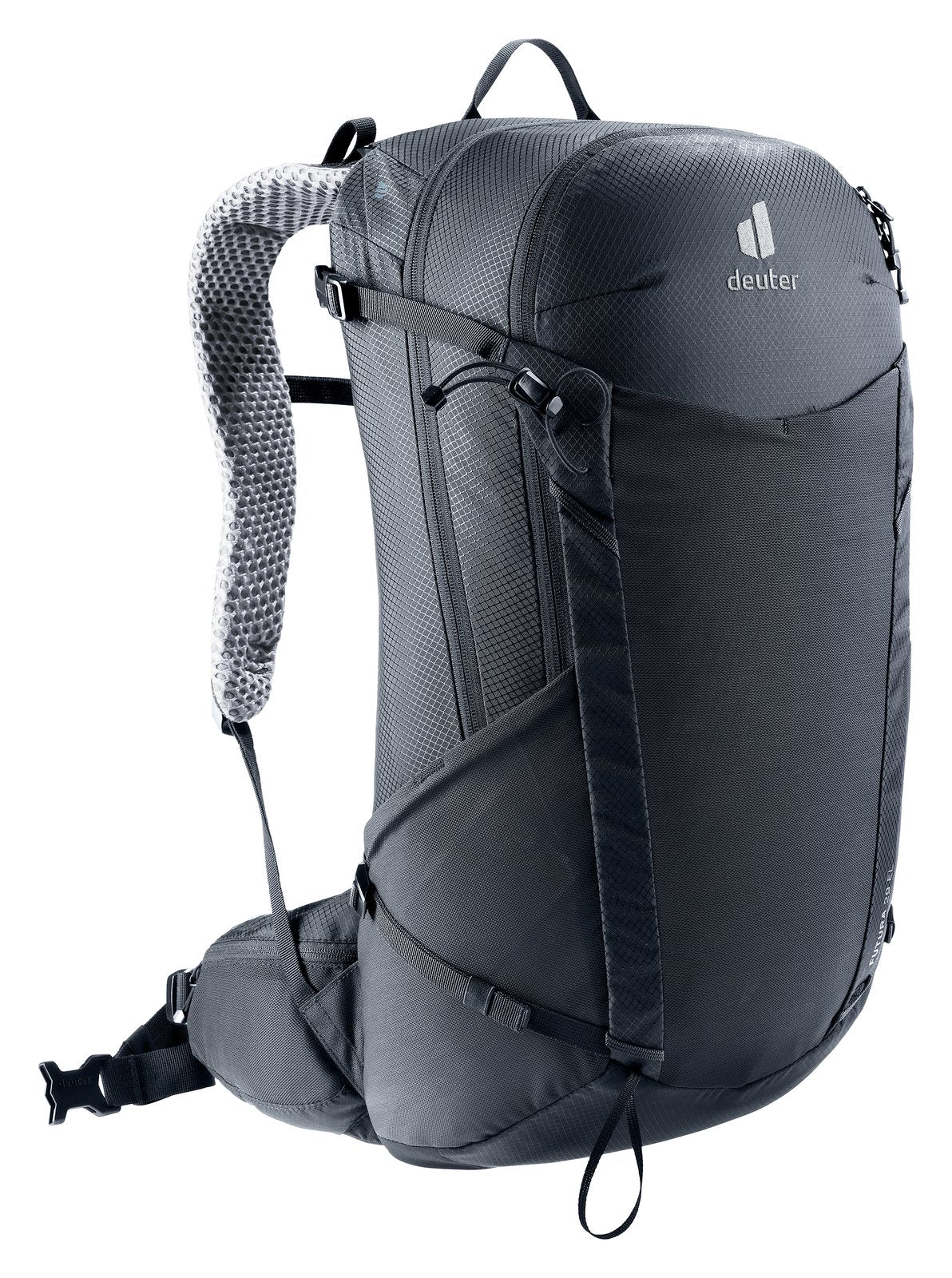 Deuter Futura 29 EL in Black, side three-quarter view of the harness and hip fin
