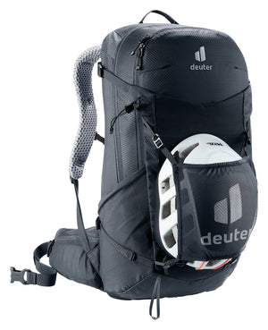 Deuter Futura 29 EL carrying a helmet in the mesh helmet holder, sold separately