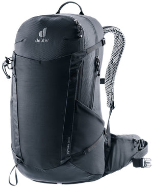 Deuter Futura 29 EL hiking backpack in Black, front three-quarter view with mesh harness