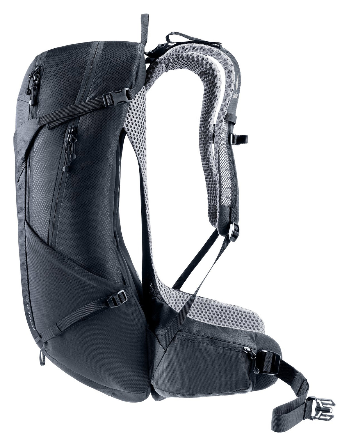Deuter Futura 29 EL side view with the stretch side pocket and compression straps