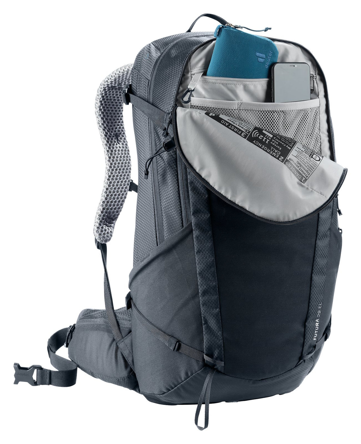 Deuter Futura 29 EL top pocket open showing the lid organiser with small items inside
