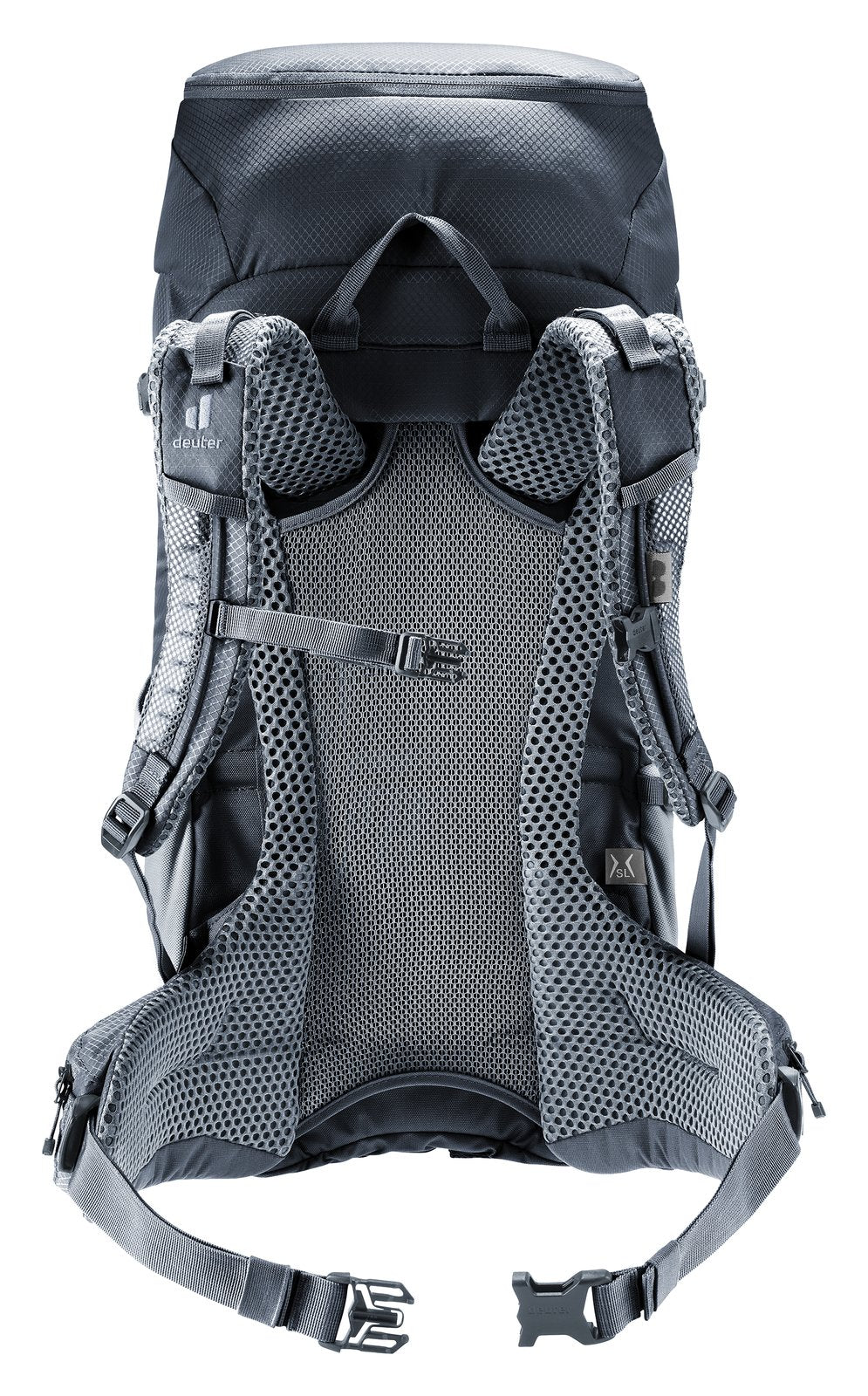 Back of the Deuter Futura 30 SL showing the Aircomfort mesh panel and hip fins