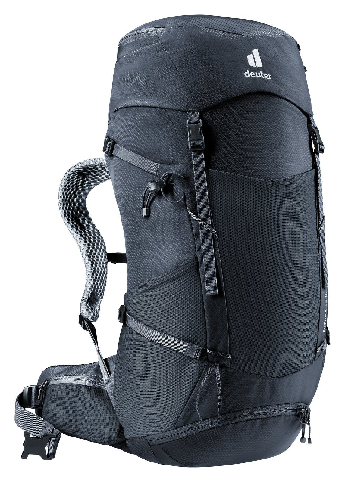 Deuter Futura 30 SL in Black, front three-quarter view with side pocket