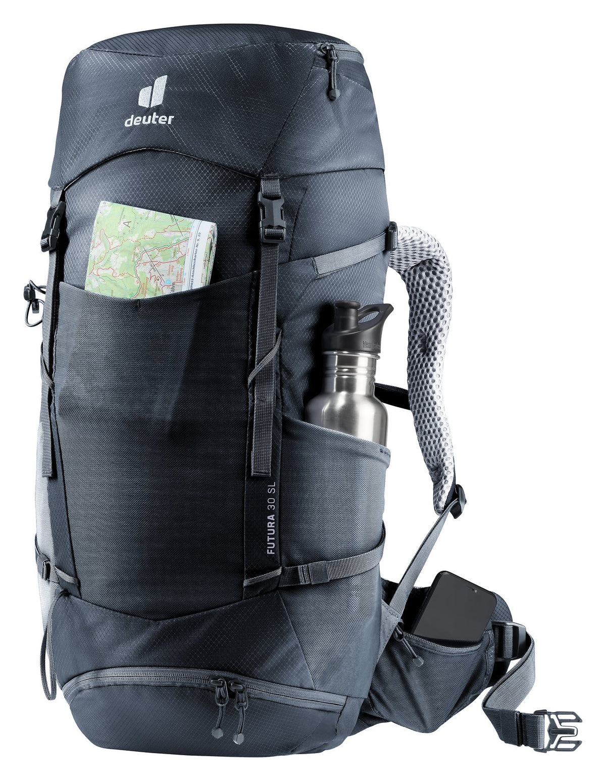 Deuter Futura 30 SL with a map in the front pocket, bottle in the side pocket and phone on the hip fin