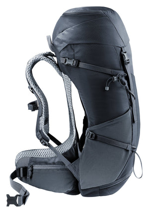 Deuter Futura 30 SL side profile showing the arched frame and gap behind the mesh