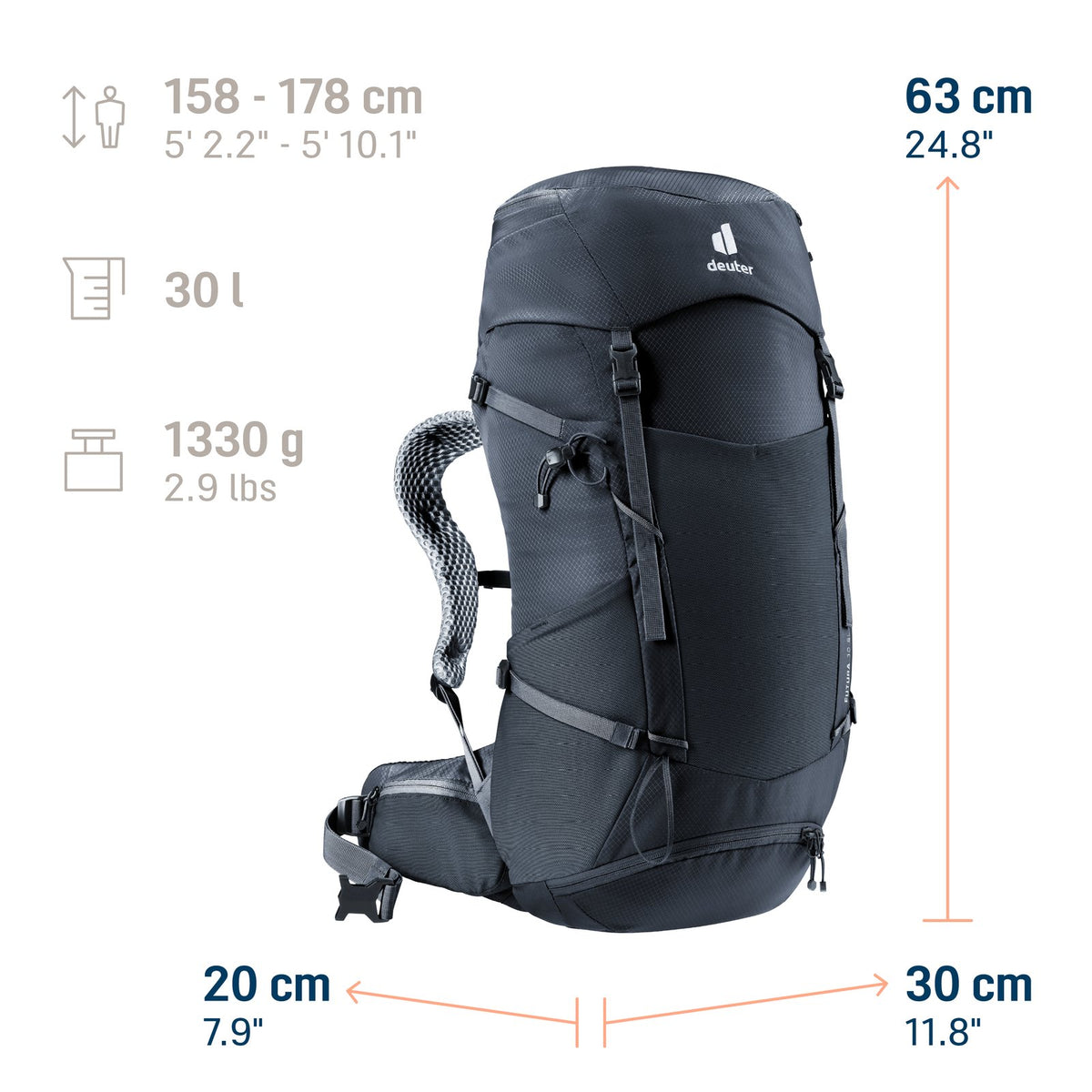 Deuter Futura 30 SL size guide: 30 L, 1330 g, for body heights 158-178 cm