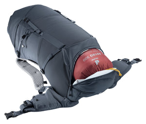 Deuter Futura 32 bottom compartment unzipped with a sleeping bag packed inside
