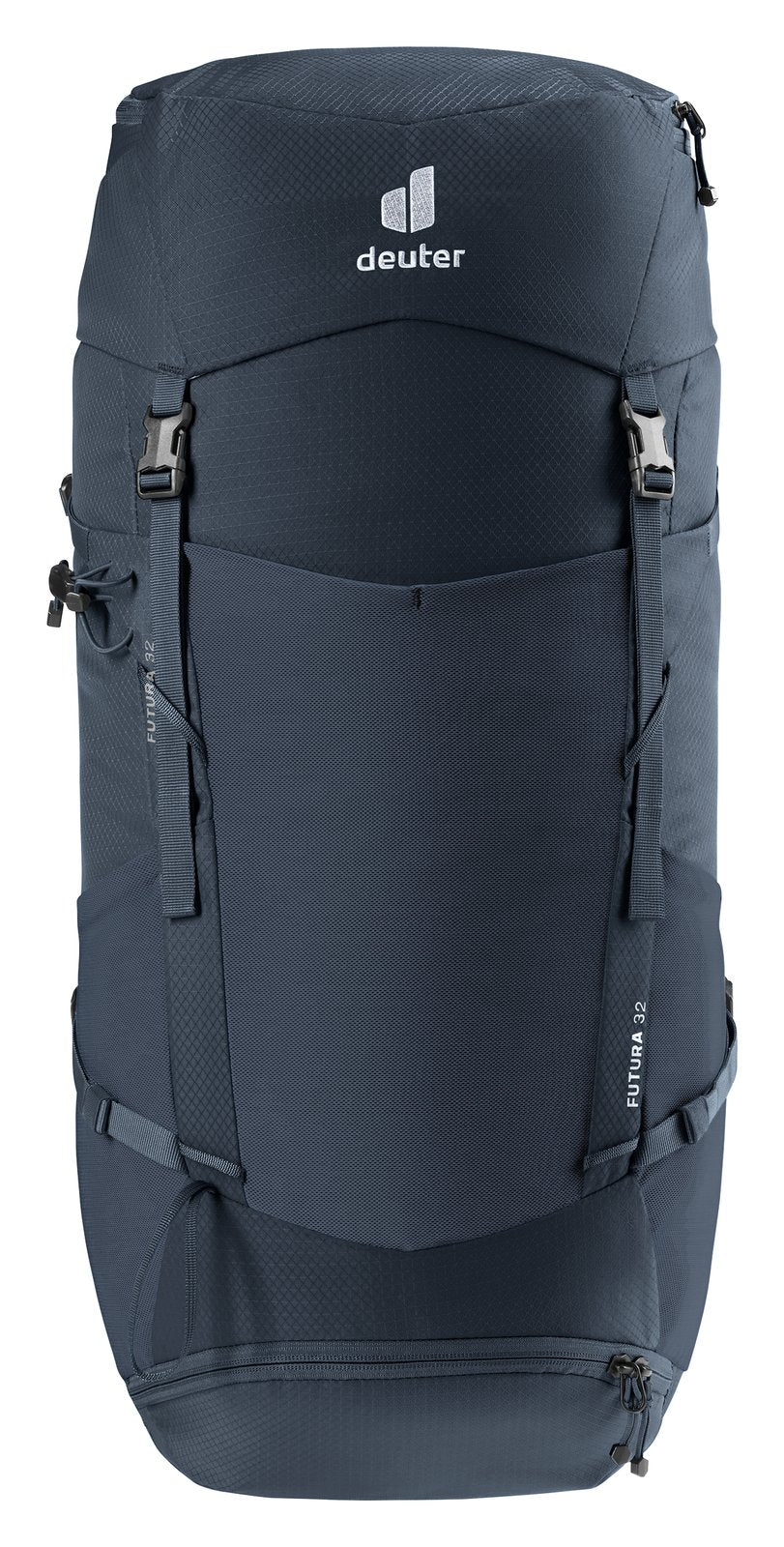 Deuter Futura 32 in Black, straight-on front view of the mesh front pocket