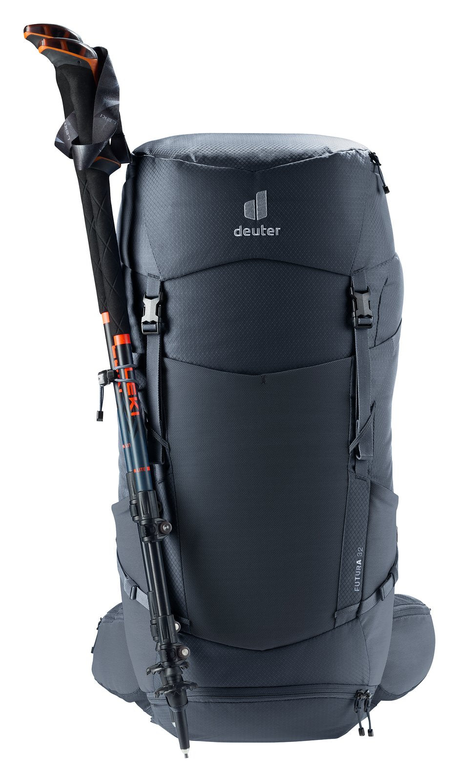 Deuter Futura 32 with folded trekking poles on the side ice axe and pole attachment