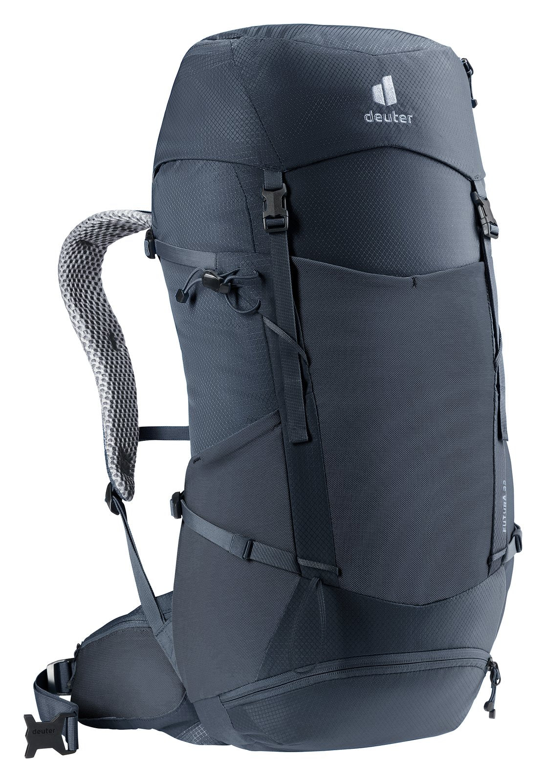 Deuter Futura 32 in Black, side three-quarter view of the hip fin and shoulder strap