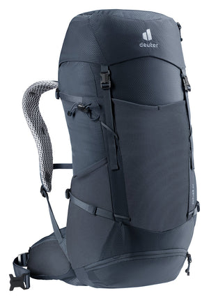 Deuter Futura 32 in Black, side three-quarter view of the hip fin and shoulder strap