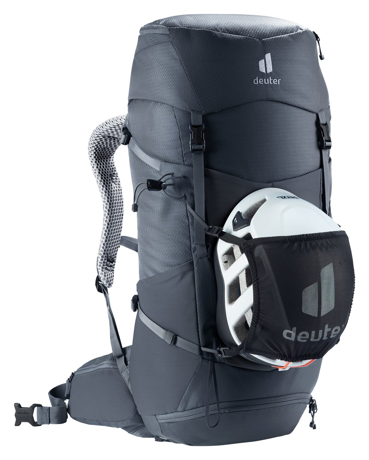 Deuter Futura 32 carrying a helmet in the Deuter mesh helmet holder, sold separately