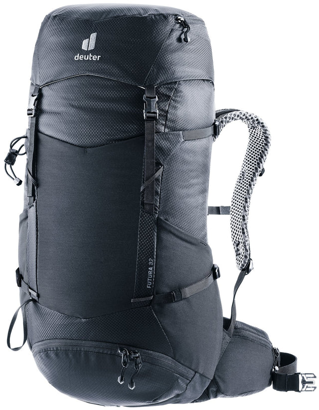 Deuter Futura 32 hiking backpack in Black, front three-quarter view with lid and mesh front pocket
