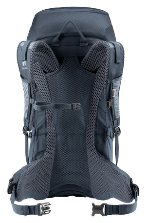 Back of the Deuter Futura 32 showing the Aircomfort mesh panel, shoulder straps and hip fins