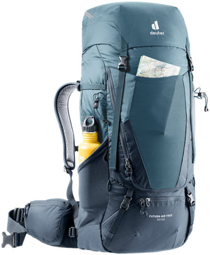Deuter Futura Air Trek 50+10 with a map in the front stuff pocket and bottle in the side pocket