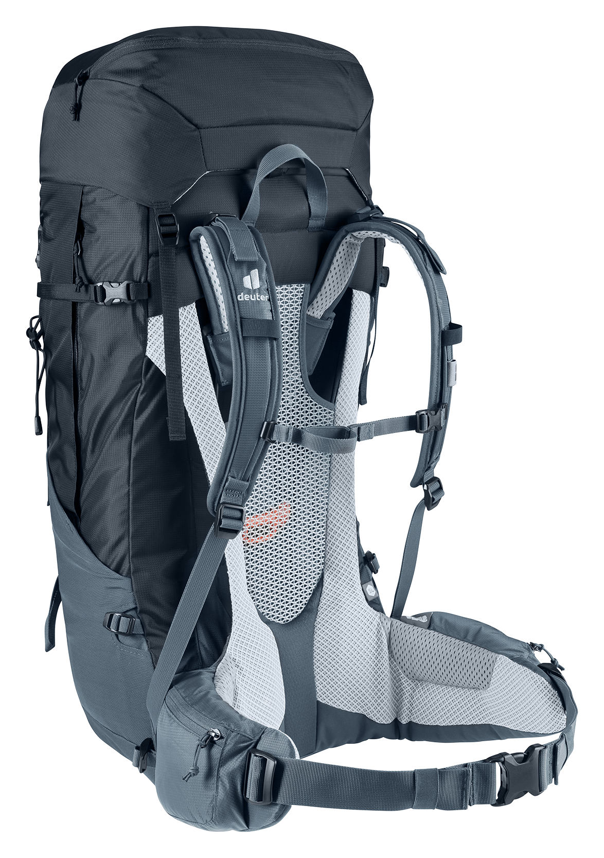Deuter Futura Air Trek 55+10 SL rear three-quarter view of the harness and stabiliser straps