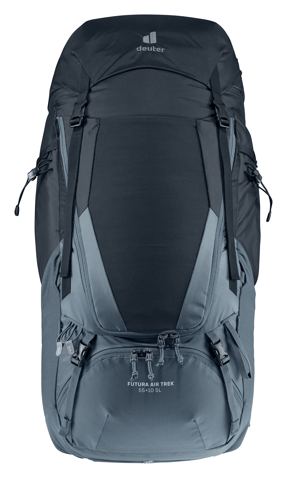 Deuter Futura Air Trek 55+10 SL in Black Graphite, straight-on front view