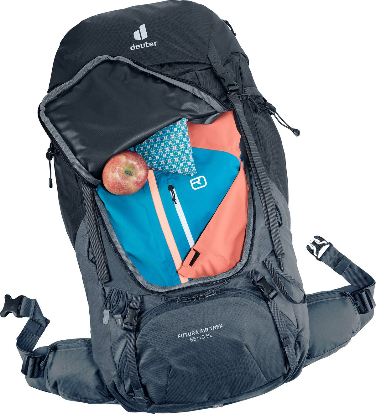 Deuter Futura Air Trek 55+10 SL front zip open showing clothes in the main compartment