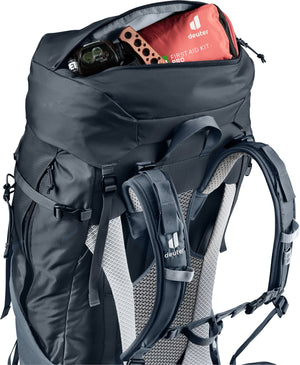 Deuter Futura Air Trek 55+10 SL lid pocket open with a first aid kit inside