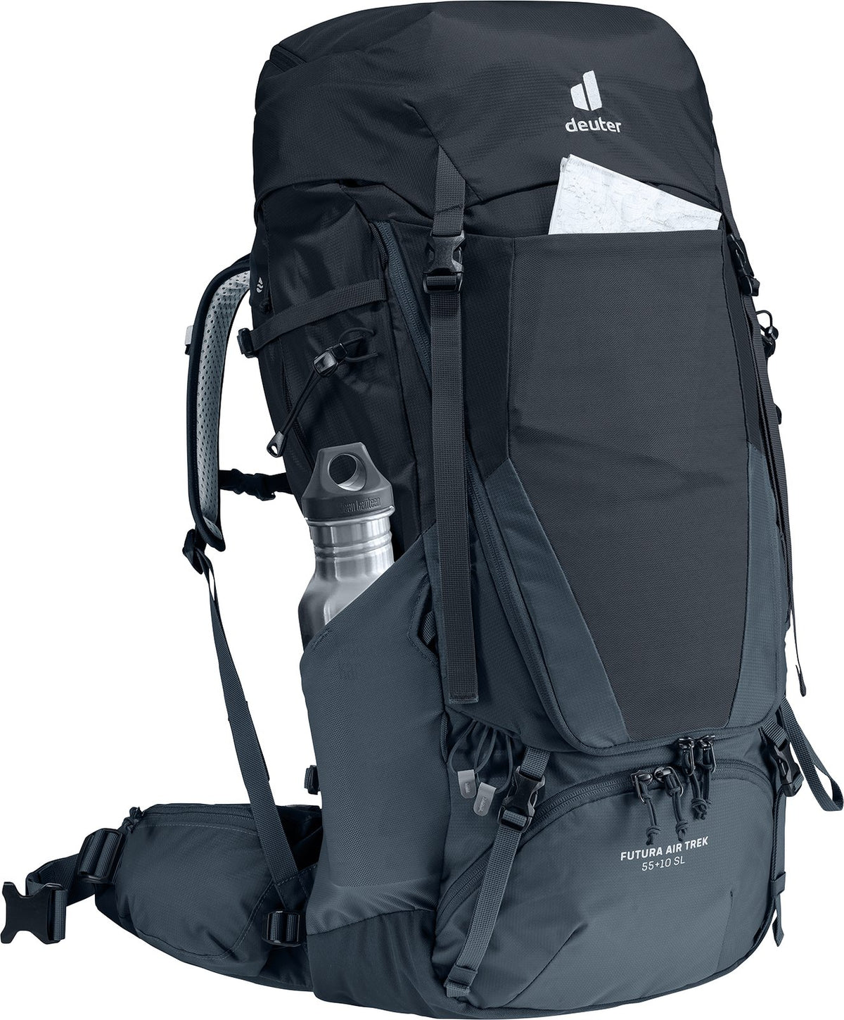 Deuter Futura Air Trek 55+10 SL with a map in the front pocket and bottle in the side pocket