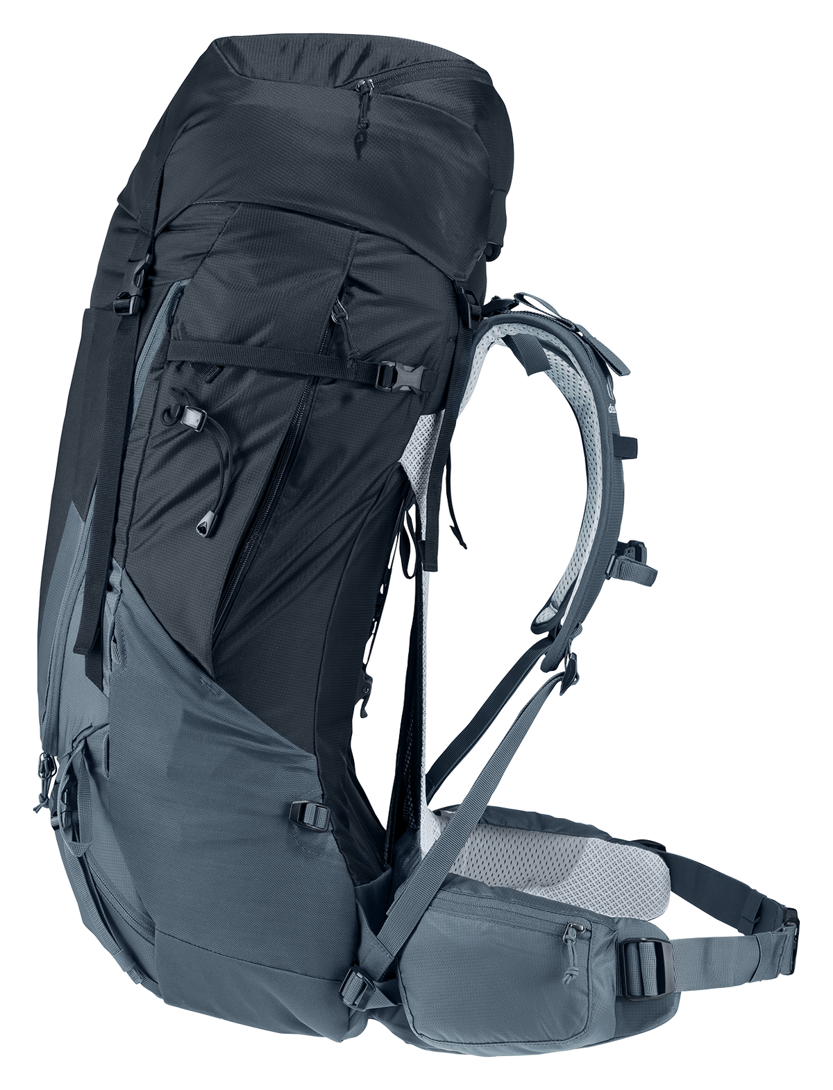 Side profile of the Deuter Futura Air Trek 55+10 SL showing the arched frame and mesh gap