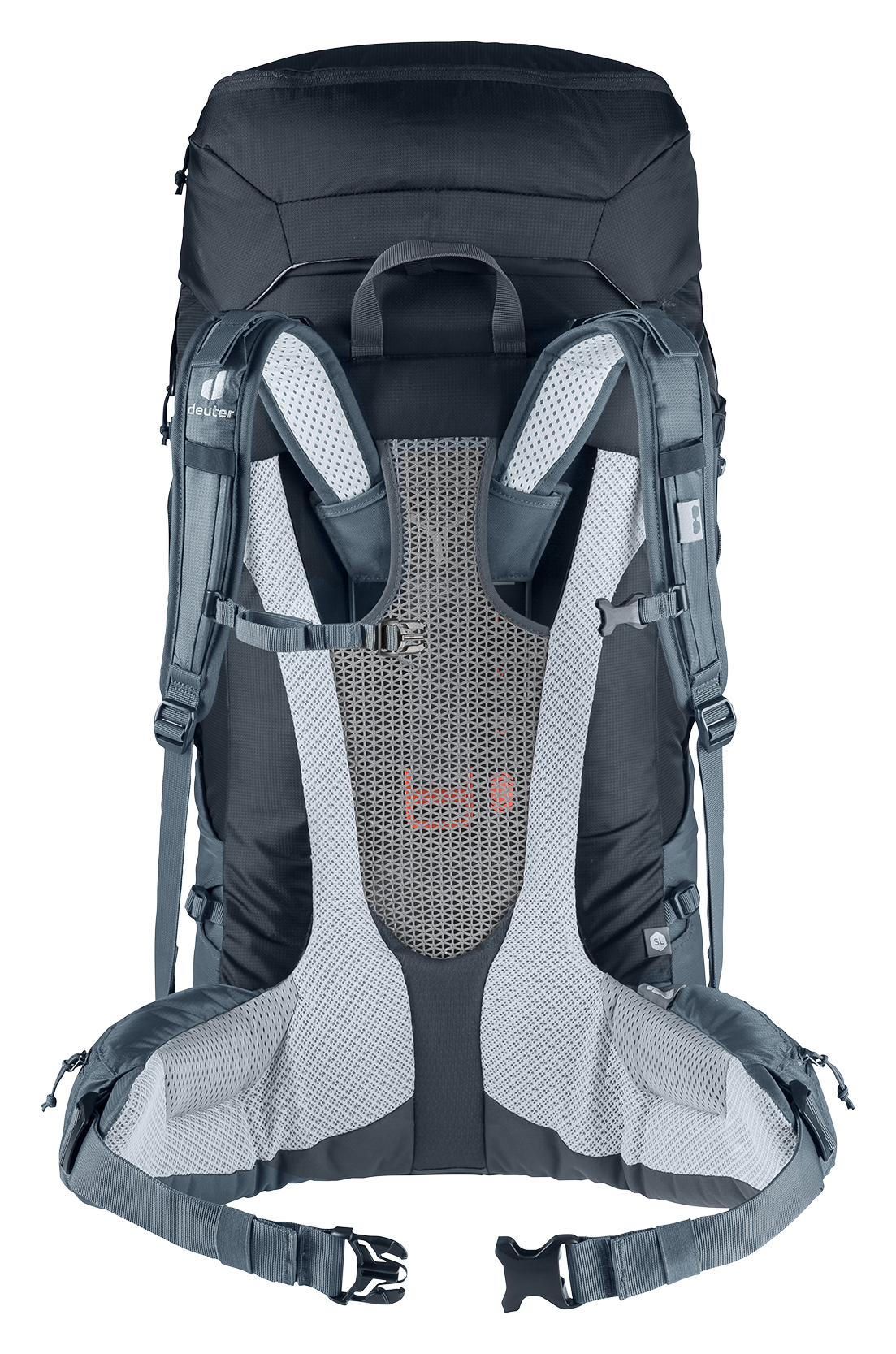 Back of the Deuter Futura Air Trek 55+10 SL showing the Aircomfort mesh and VariFlex hip fins