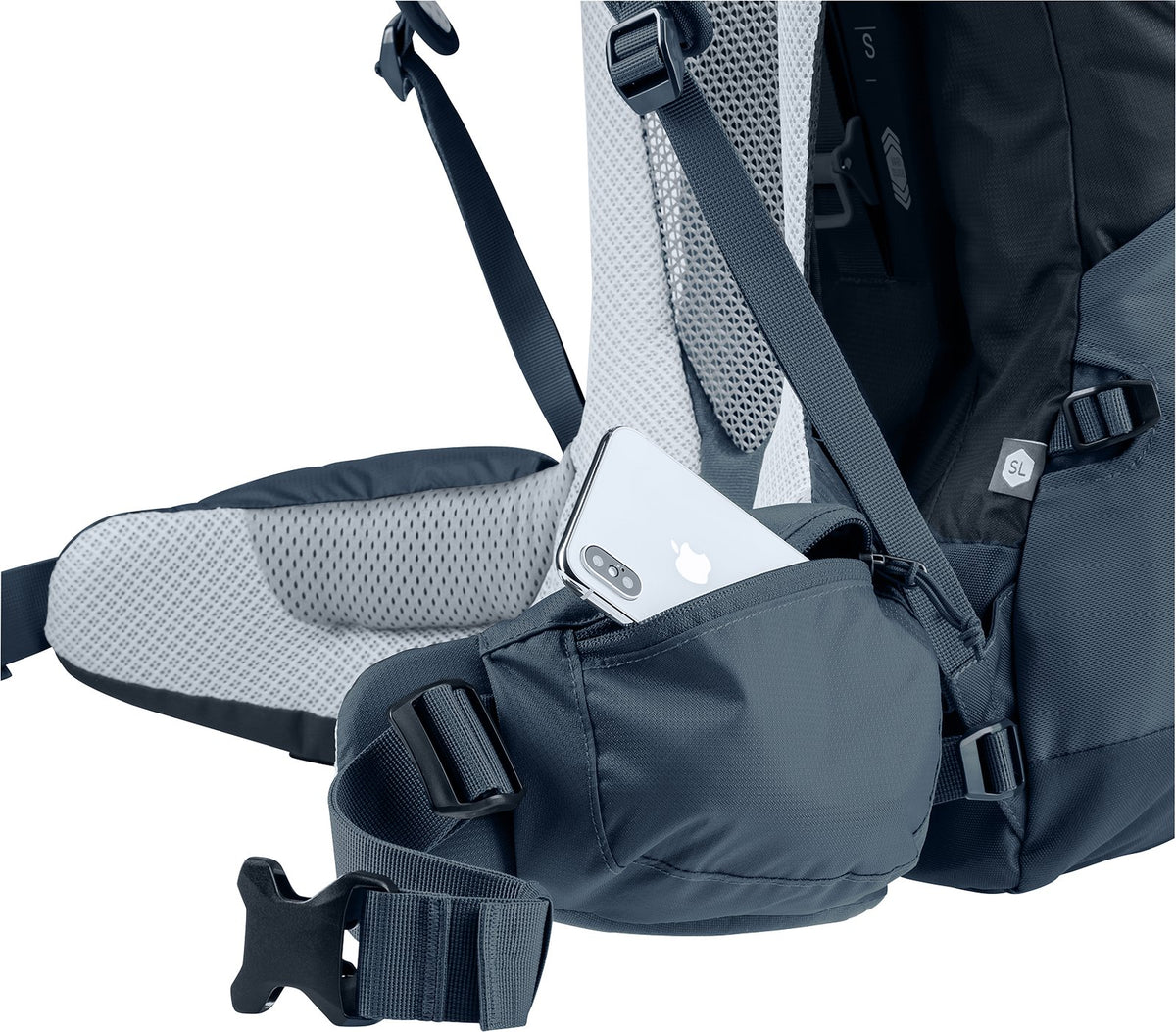 Close-up of a phone in the zipped hip fin pocket of the Deuter Futura Air Trek 55+10 SL