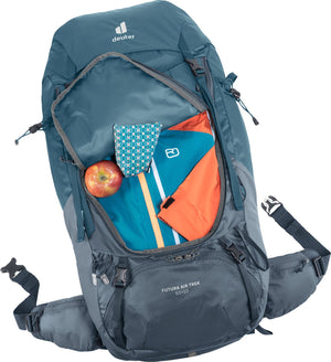 Deuter Futura Air Trek 60+10 with the front zip open, showing packed gear inside
