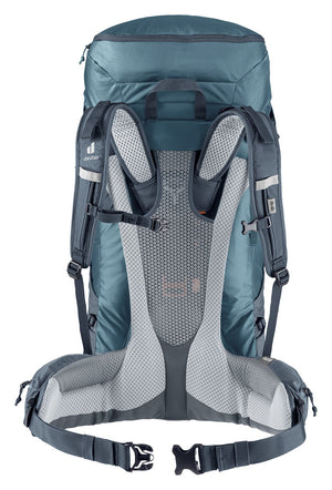 Back of the Deuter Futura Air Trek 60+10 showing the Aircomfort mesh, shoulder straps and hip fins