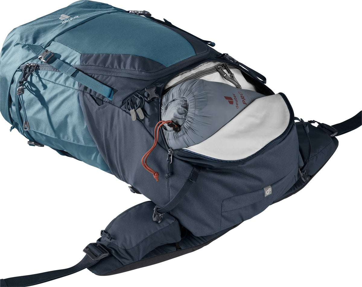 Deuter Futura Air Trek 60+10 bottom compartment open with a sleeping bag stuff sack inside