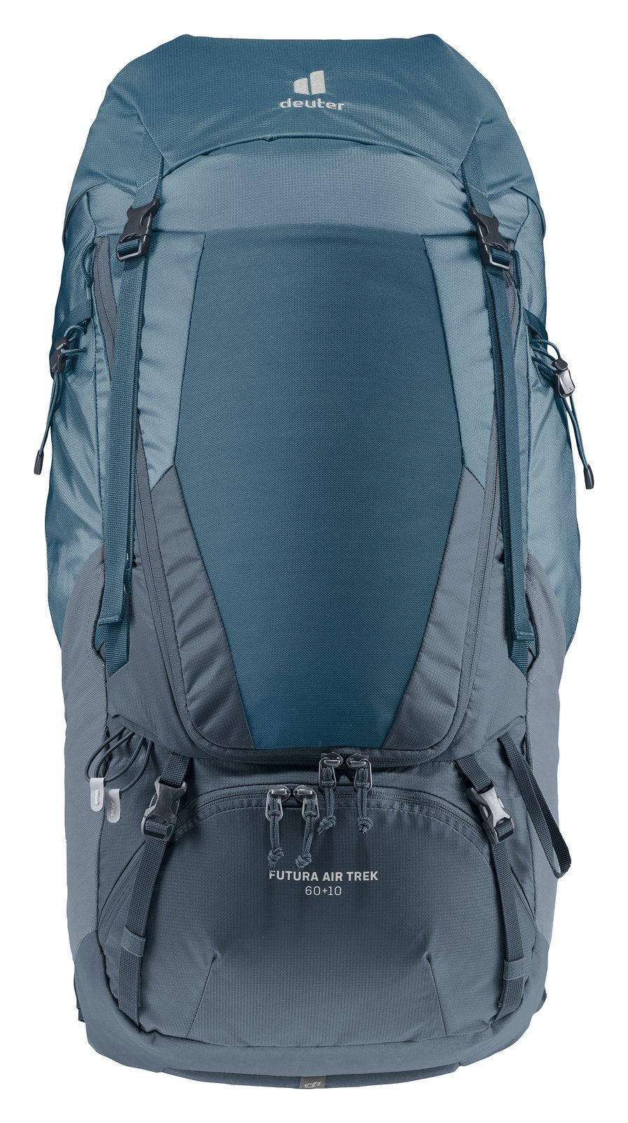 Deuter Futura Air Trek 60+10 in Atlantic Ink, straight-on front view with front stuff pocket