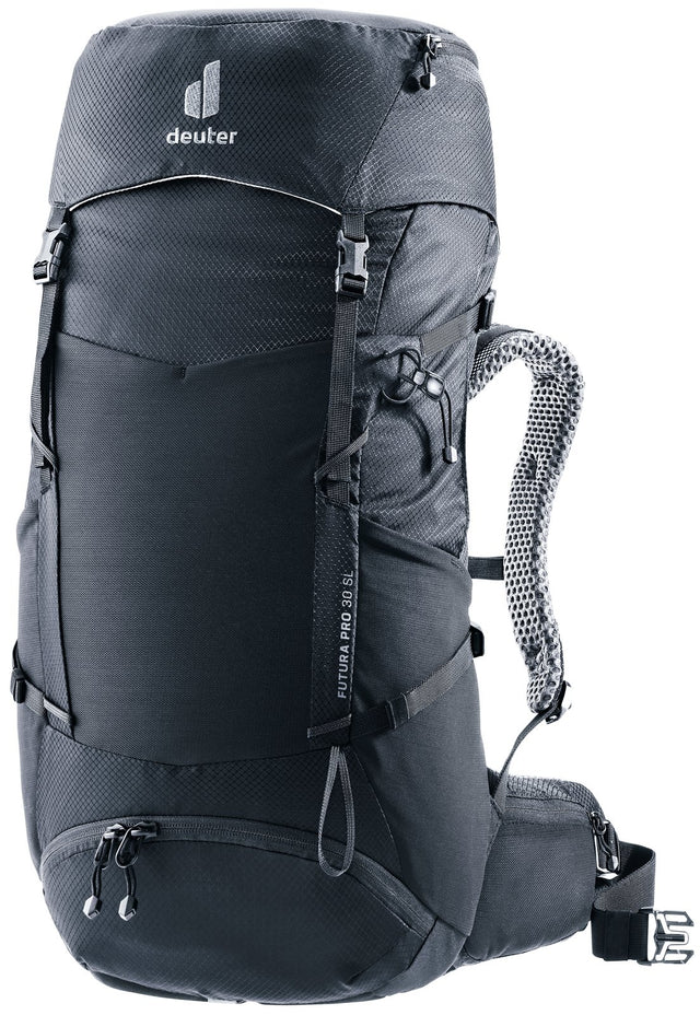 Deuter Futura Pro 30 SL women's hiking backpack in Black, front three-quarter view
