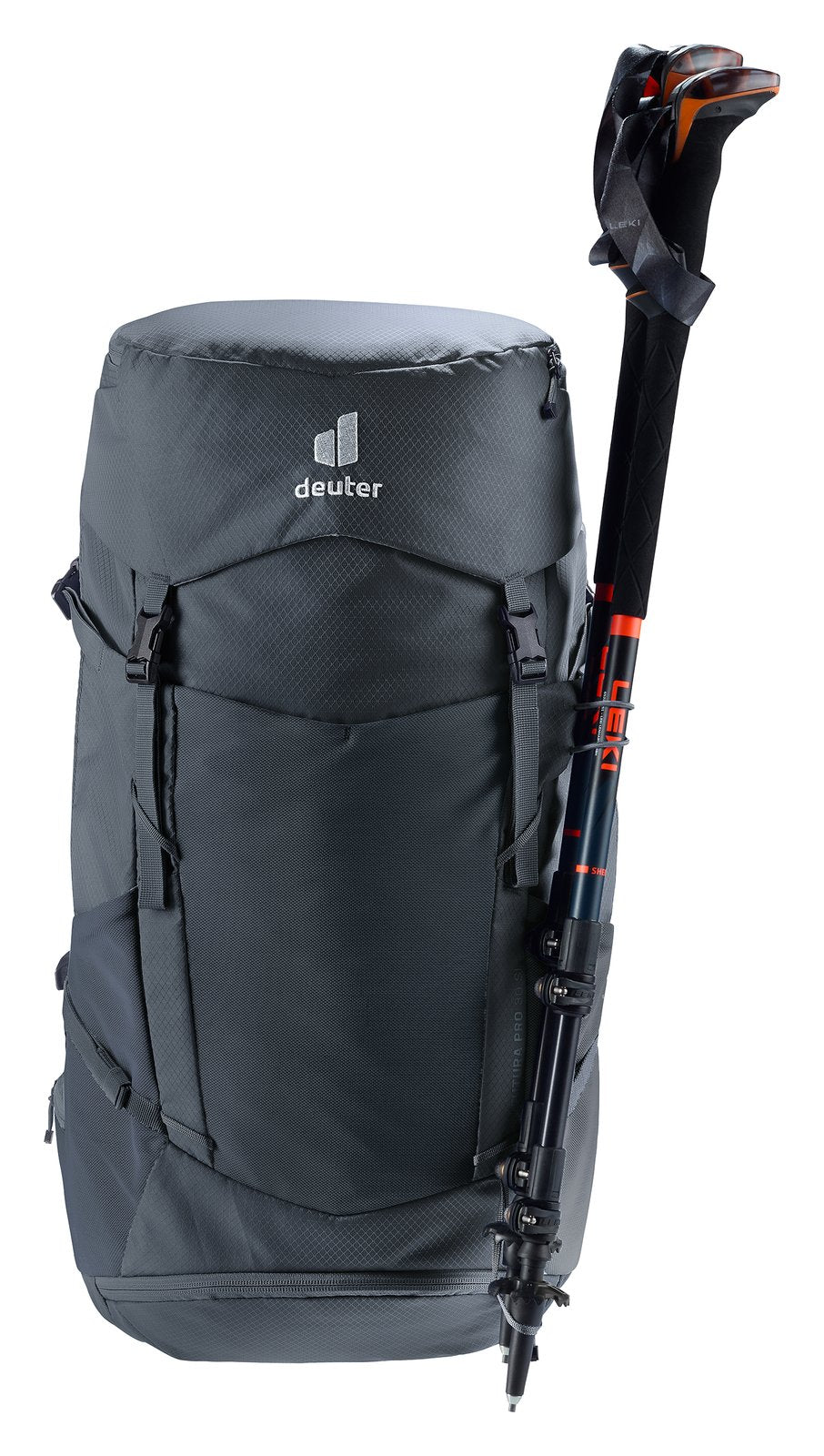 Deuter Futura Pro 30 SL with a trekking pole on the side pole attachment
