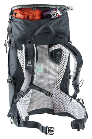 Deuter Futura Pro 30 SL lid open from behind, showing gear packed in the top