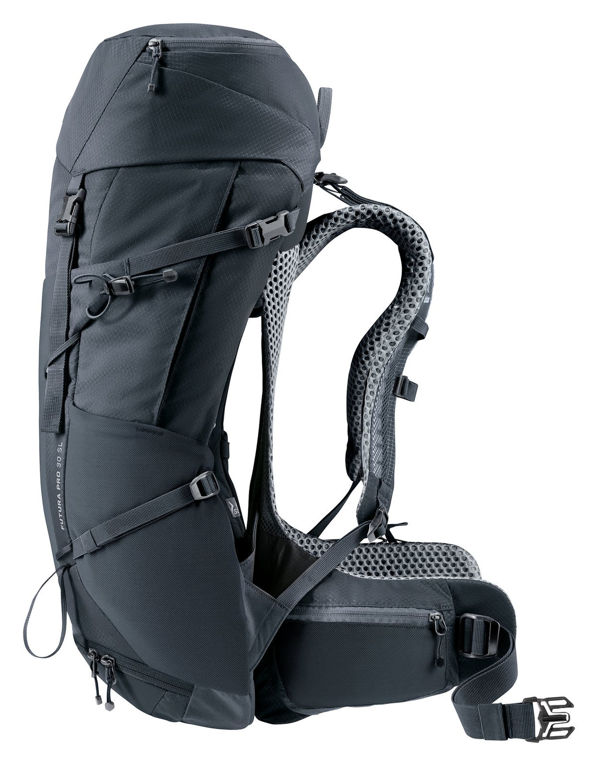 Deuter Futura Pro 30 SL side view with stretch side pocket and compression straps