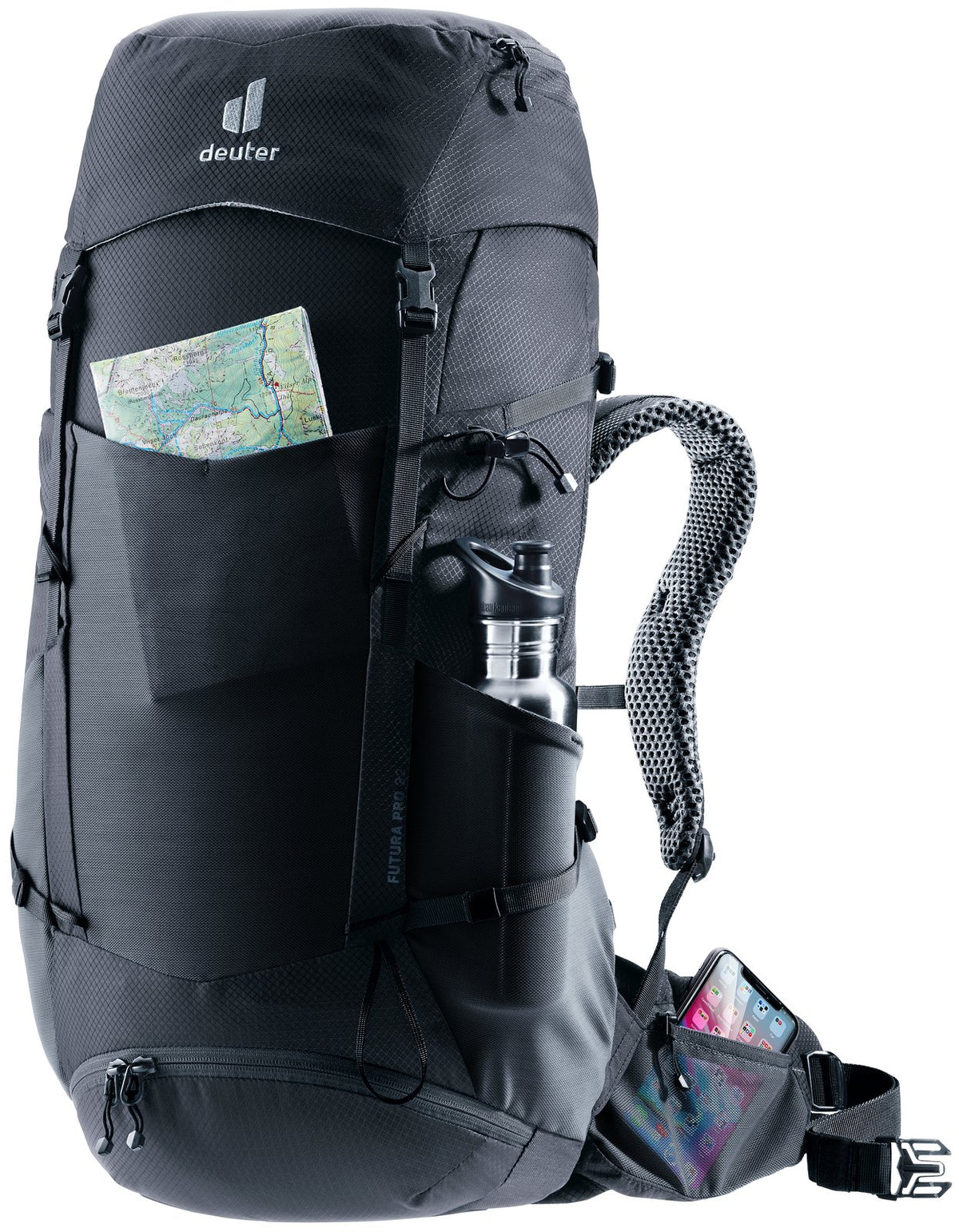 Deuter Futura Pro 32 with a map in the front pocket, a bottle at the side and a pouch in the hip fin pocket