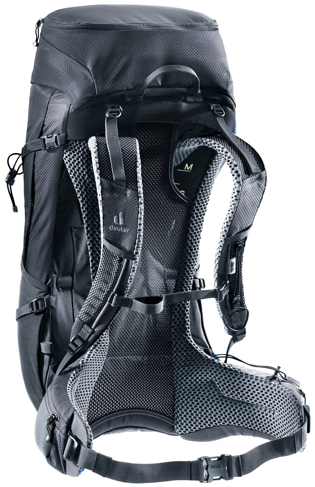 Deuter Futura Pro 32 rear three-quarter view of the shoulder straps and hip fins