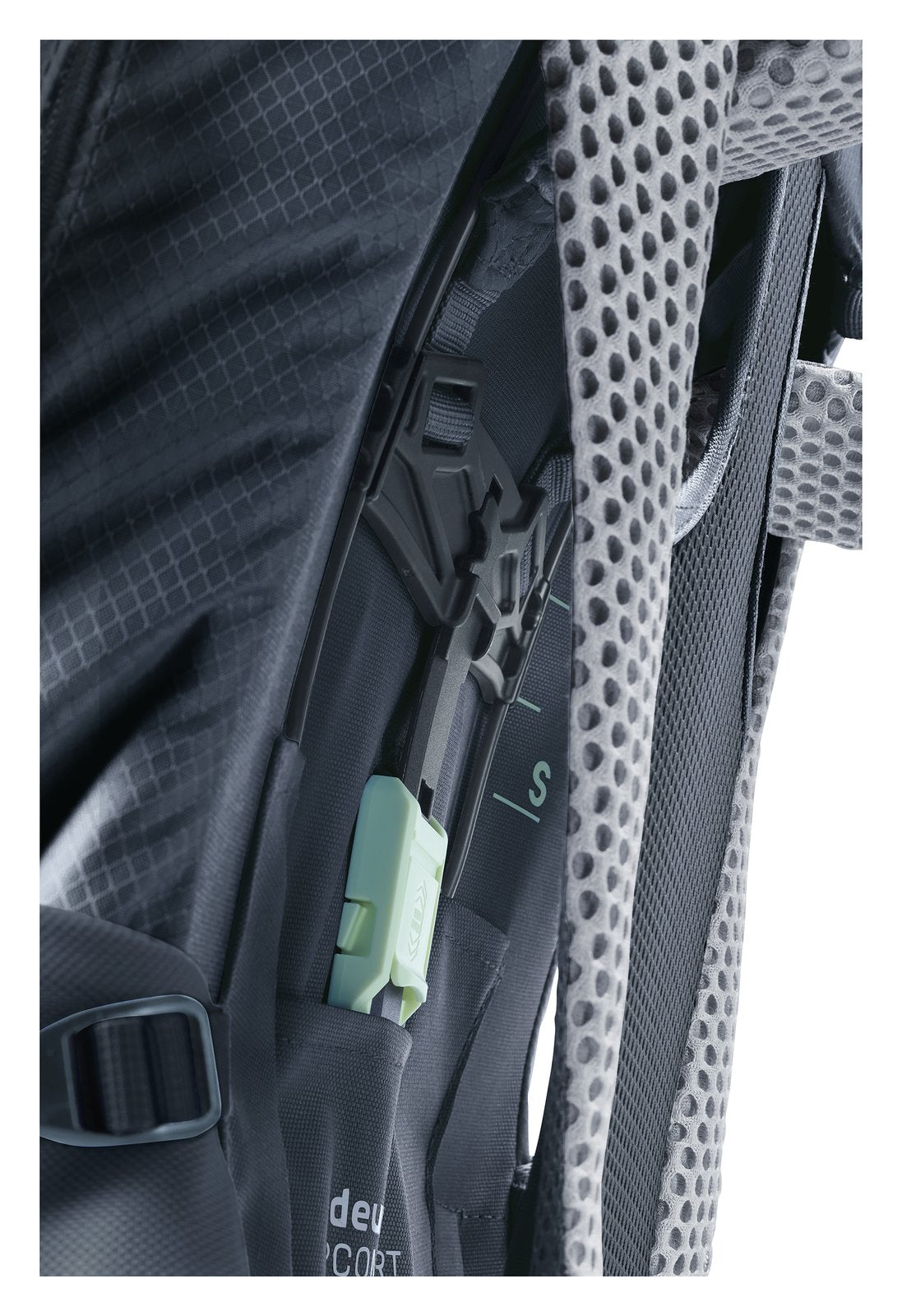 Close-up of the VariClick back length adjustment on the Deuter Futura Pro 34 SL