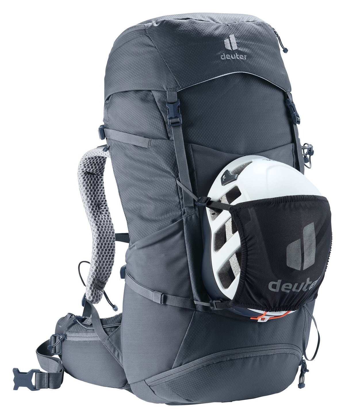 Deuter Futura Pro 34 SL carrying a helmet in the mesh helmet holder, sold separately