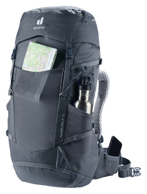 Deuter Futura Pro 34 SL with a map in the front pocket, bottle at the side and phone on the hip fin